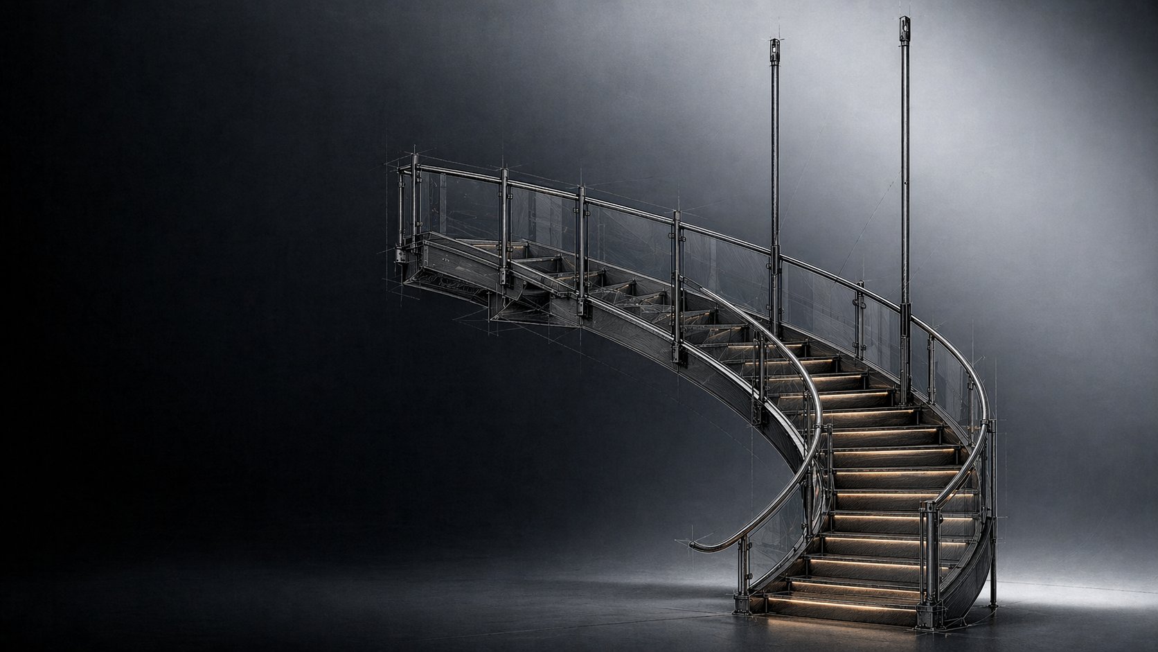 Custom fabricated curved metal staircase with glass railings